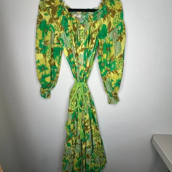 Alemais Wrenly Green Floral Organic Cotton Midi Dress Size 4